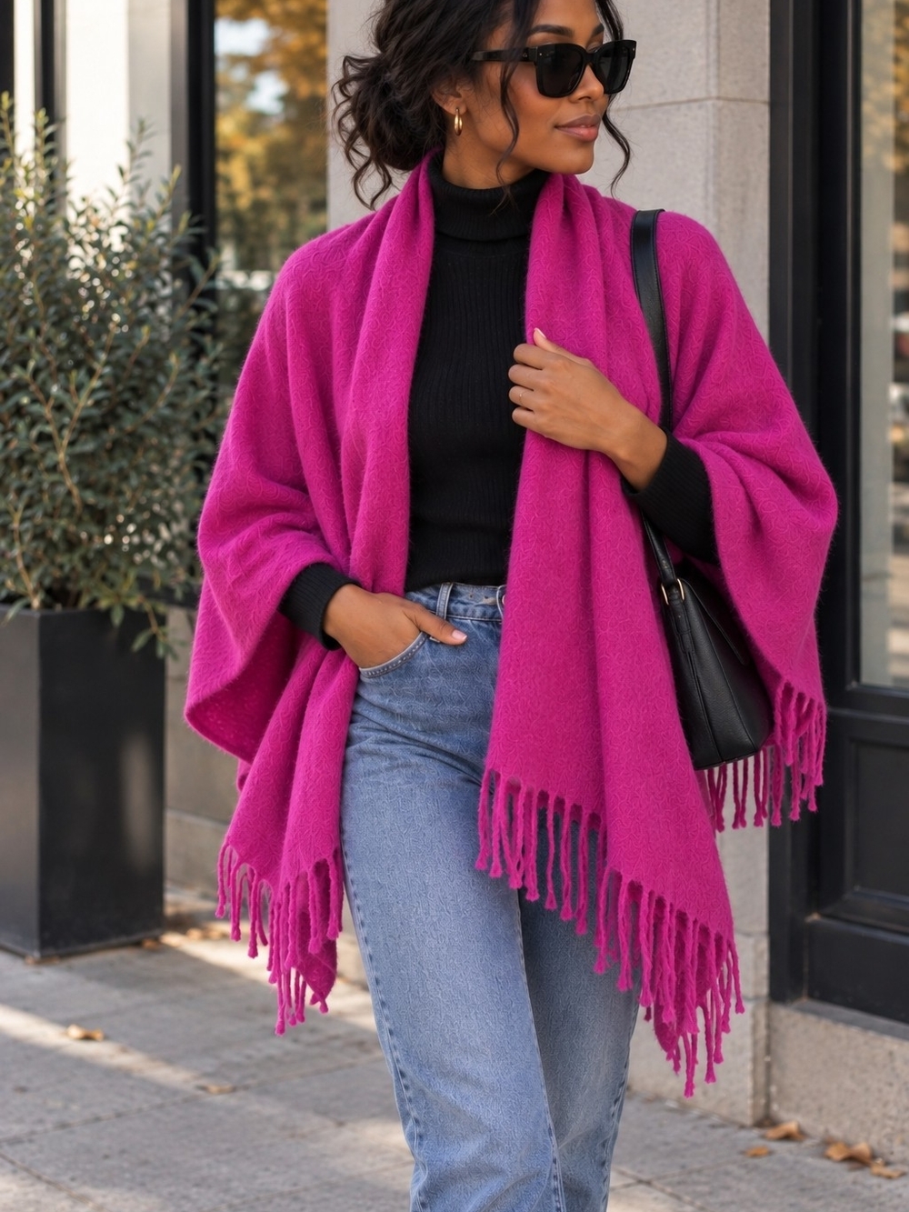100% Wool Women’s Fuchsia Fringe Open-Front Poncho Wrap